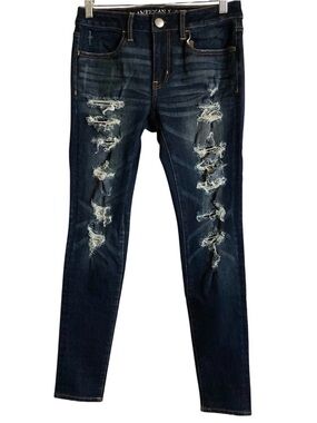 American Eagle Jeans 6 Reg (28x28) Blue 360 Super Stretch AEO X4 Jegging Ripped
